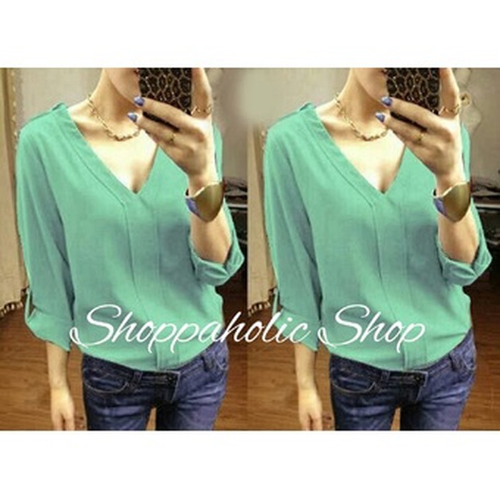 blouse atasan  Pakaian Wanita Blouse V Mint