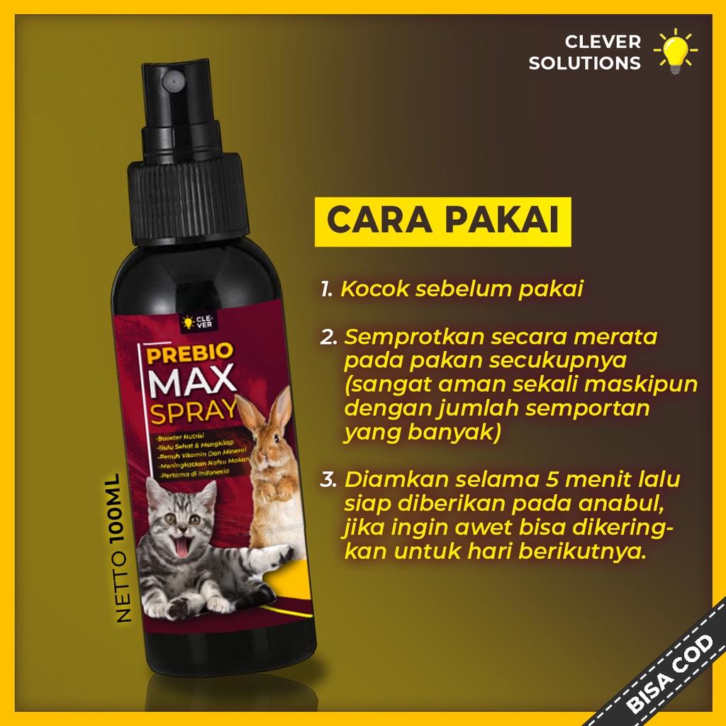 Vitamin Kucing PREBIO MAX SPRAY Boost Nutrisi Makanan Kucing Pelebat &amp; Penumbuh Bulu Kucing Suplemen Kucing by Clever Solutions Macxcat Olive Care Body Big Cat Furicat Bigicat Dewarangga