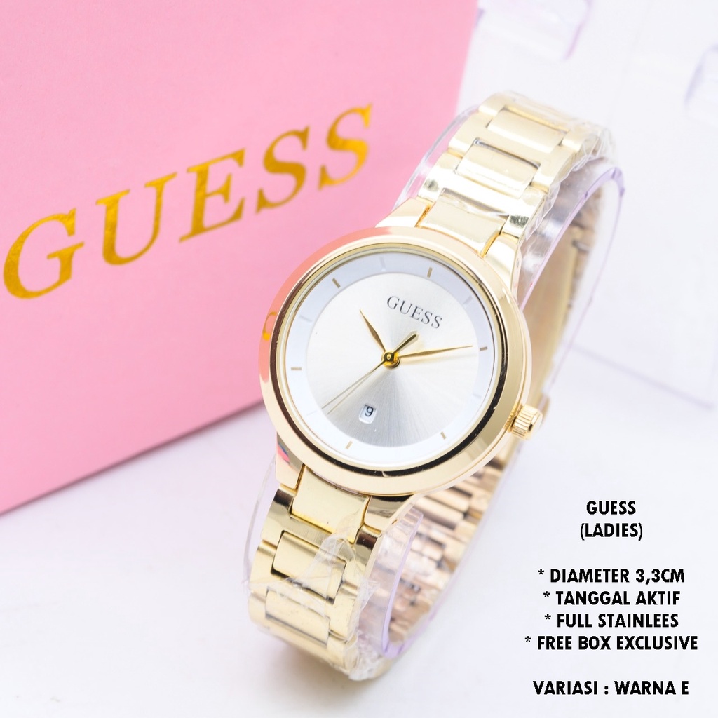 (FREE BOX) JAM TANGAN WANITA GUESS RANTAI BODY BULAT TANGGAL AKTIF