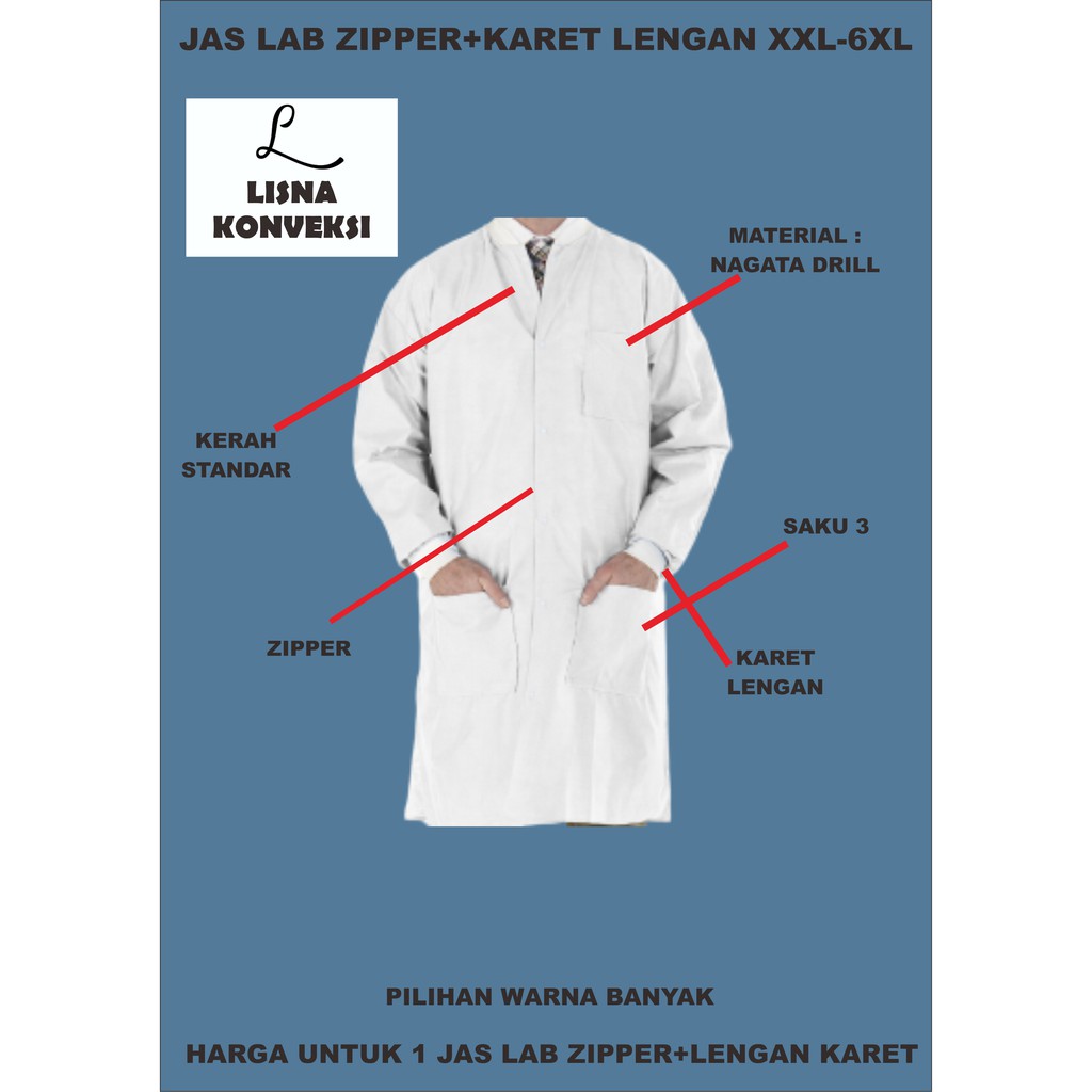 Jas Laboratorium Nagata Drill XXL-6XL With Zipper+Lengan Karet