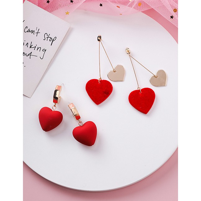 LRC Anting Tusuk Fashion Short Red Heart Earrings D48745
