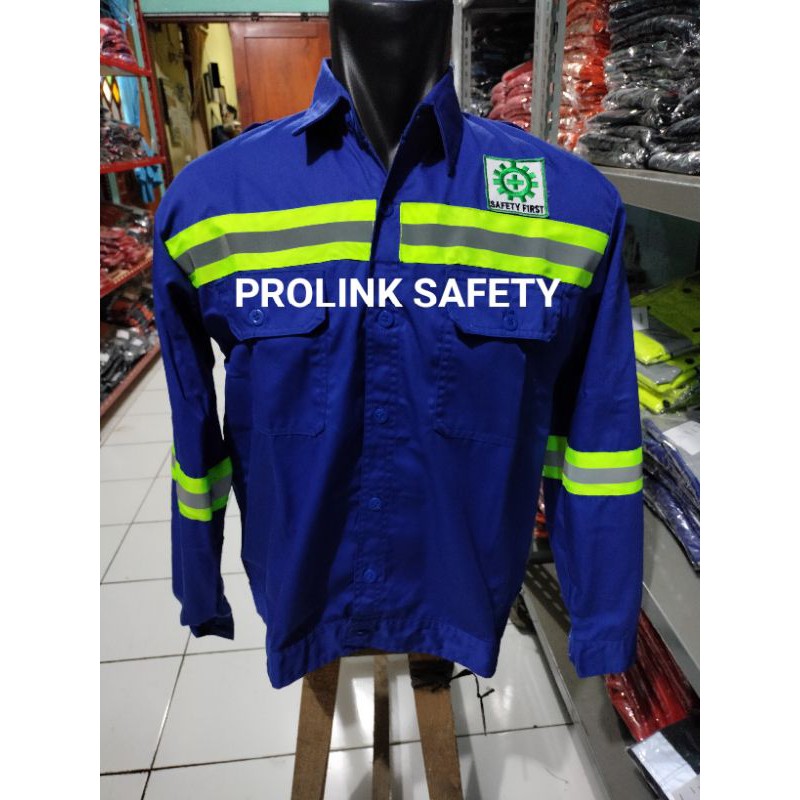 BAJU SERAGAM SAFETY BIRU BENHUR BCA KANCING SCOTLIGHT 5CM HIJAU FREE LOGO K3 BENDERA