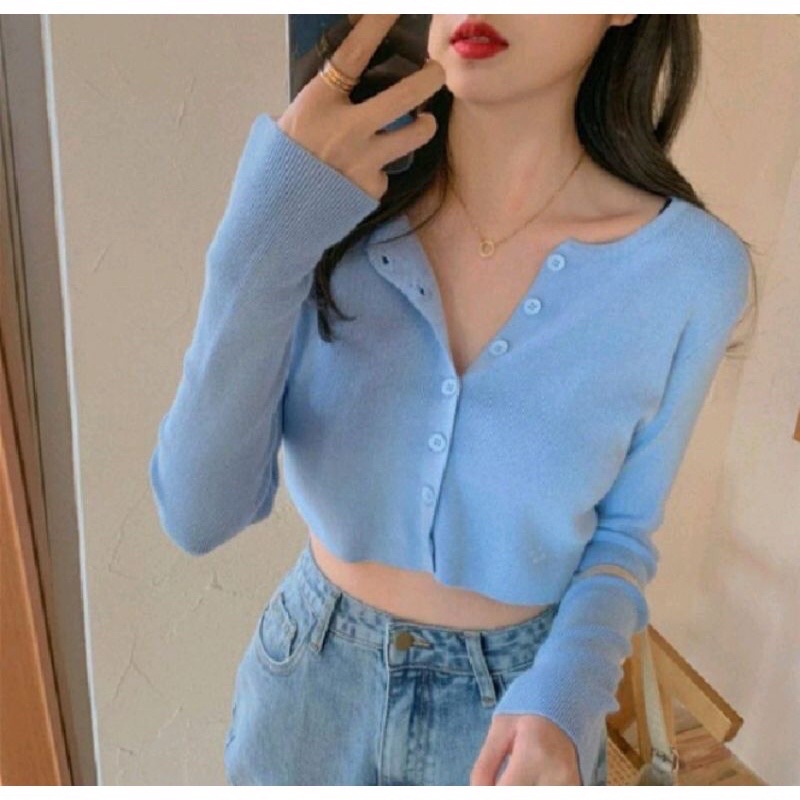 korean Long Sleeve Cardigan Button Crop Top Cardigan Lengan Panjang Kancing 3007