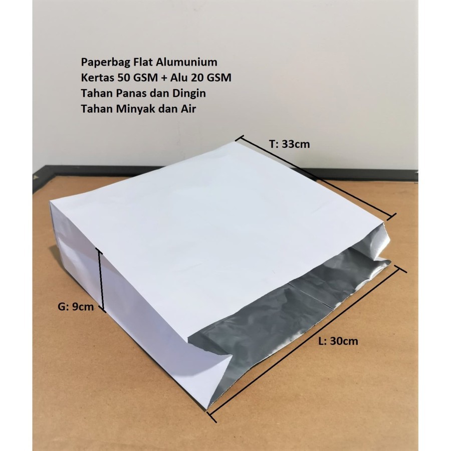 

Kertas Bungkus Makanan / Paperbag Flat Alumunium 30x9x33cm Tahan Panas, Dingin, Minyak, Air.