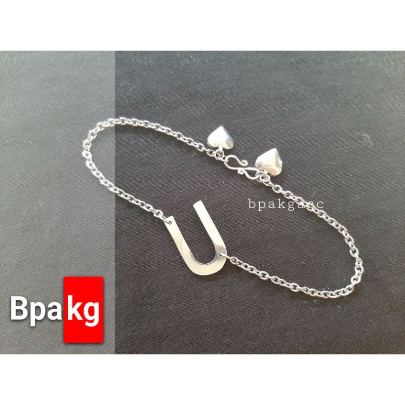 Gelang inisial huruf miring silver # Gelang monel besi putih asli anti karat  wanita initial cantik