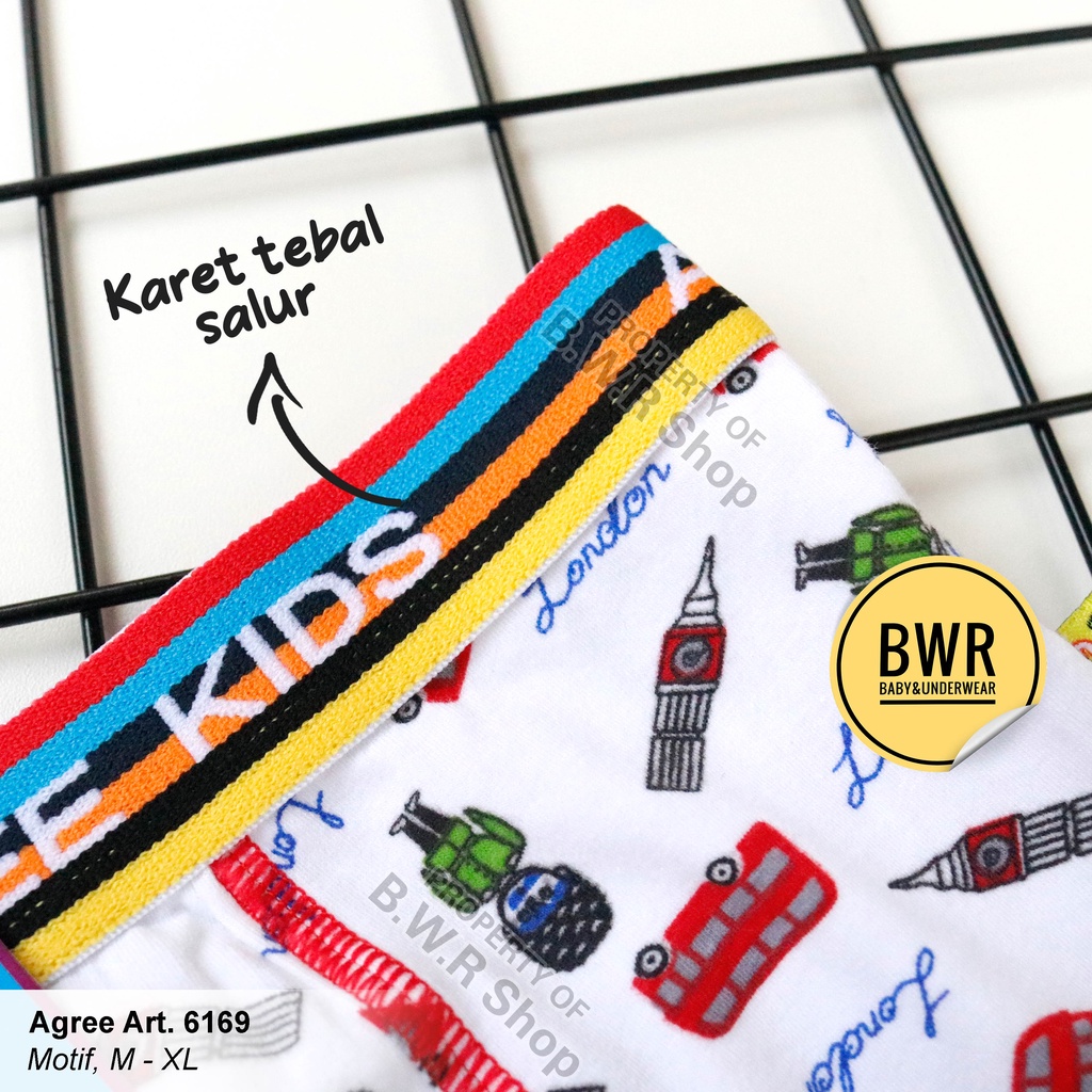 [ 3pc ] CD Boxer Agree Kids 6169 Putih Motif / Celana Renang Anak Boxer Karet Tebal Salur | Bwr