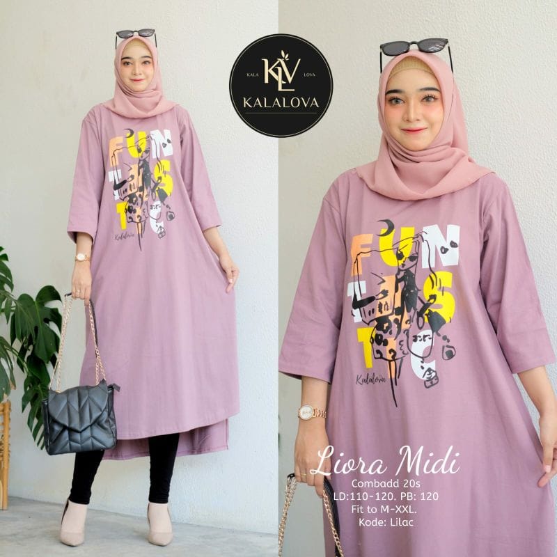 Liora Midi Baju Kaos Wanita Midi Dress Muslim Matt Combed Aksen Sablon Dress Wanita Casual Dress Jumbo