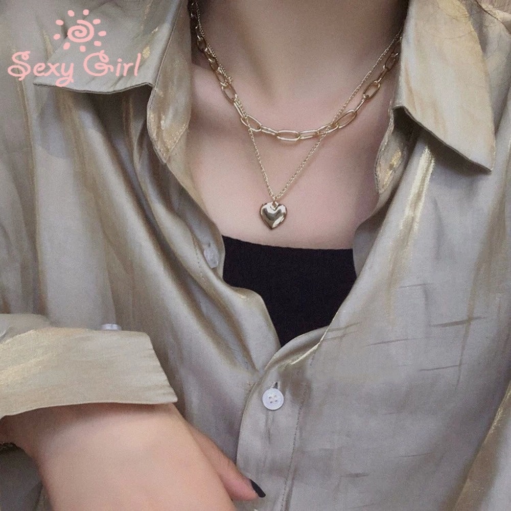 Double Layer Necklaces Trendy Charm Love Heart Tukundi Cold Wind Metal Wind Clavicle Necklace