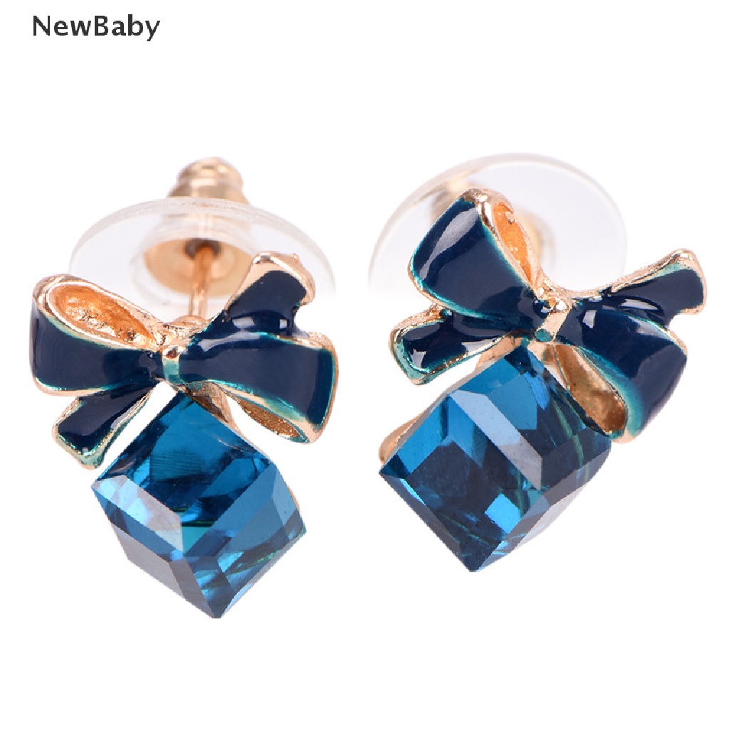 Anting Tusuk Desain Pita Enamel Hias Kristal Berlian Imitasi Warna Biru Untuk Wanita