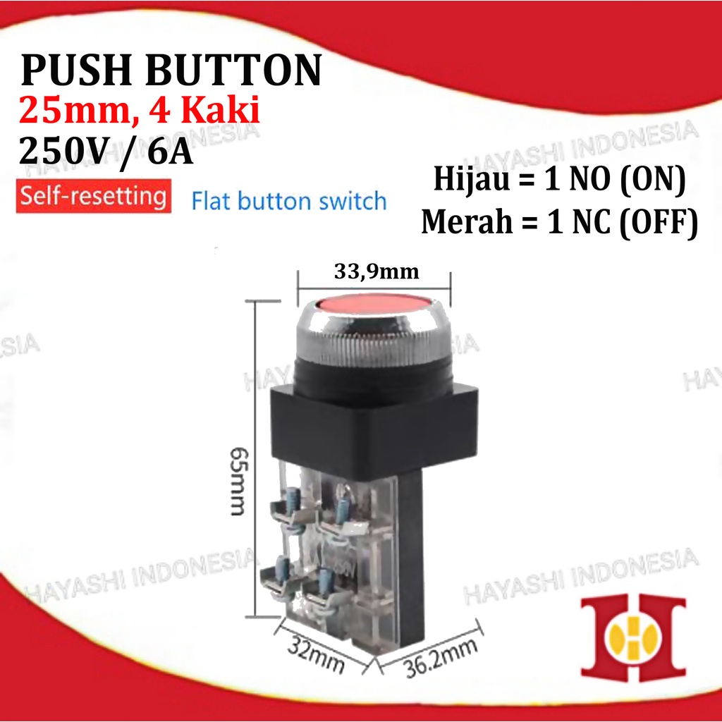 Push Button TAB 25MM PB2501 PB2511 2 4 Kaki Tombol On Off Merah Hijau