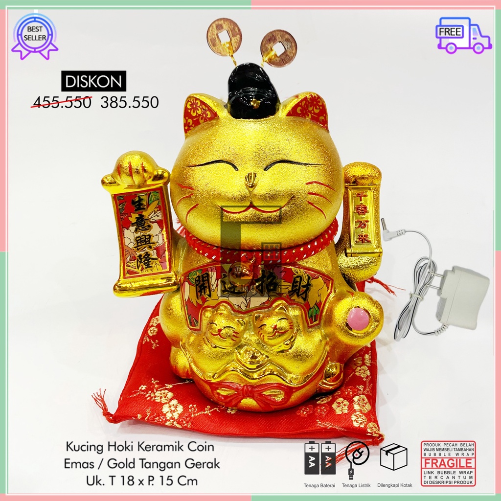 Patung Pajangan Boneka Hiasan Kucing Hoki Rejeki Maneki Neko Maneko Neki Keberuntungan Lucky Cat Jepang Cina China Keramik Gold Emas Baterai Batrai Batre Batrei Baterry Listrik Tangan Gerak Goyang Meja Toko Cafe Kafe Kasir Murah Kecil Sedang Medium Besar