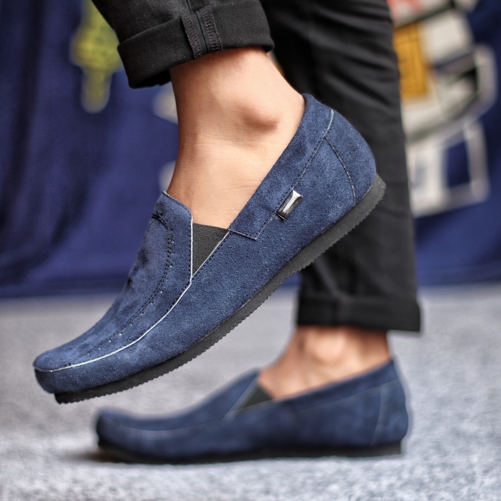 JESTR|Sepatu Slip On Casual Pria Trendy Kulit Asli Slop Cowok Hitam Kekinian Murah