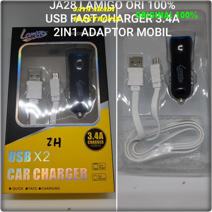 J28 CHARGER CAR 3.4A ADAPTOR MOBIL FAST CHARGING LAMGO 2 USB TRAVEL CAS CASAN FLASH CHARGER SERVER AKI ACCU AC DC CHARGE DUAL 2IN1 POWER SPEED ANDROIT HAN BISA KESEMUA MEREK HANDPHONE BISA QUICK BISA SEGALA GADGET USB POWER ADAPTER MOBIL