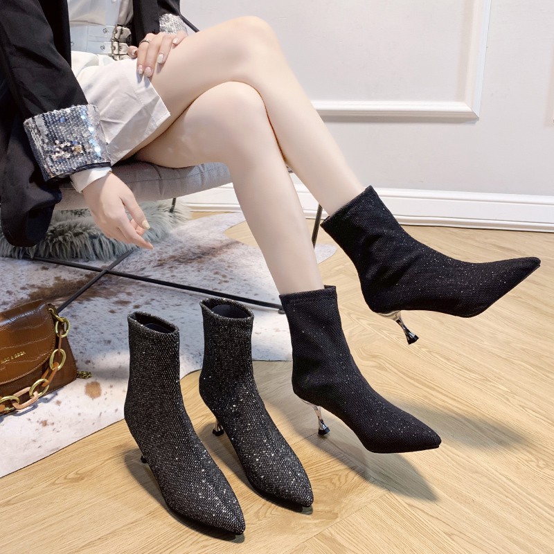 RYS - Glittery Sequined Sepatu Boots Hak Pesta/Liburan - Ori Import