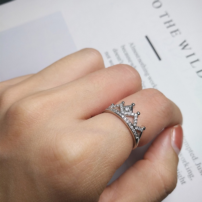Cincin Berlian Mahkota Elegan Perhiasan Fashion Wanita Baja Titanium Perak Rings
