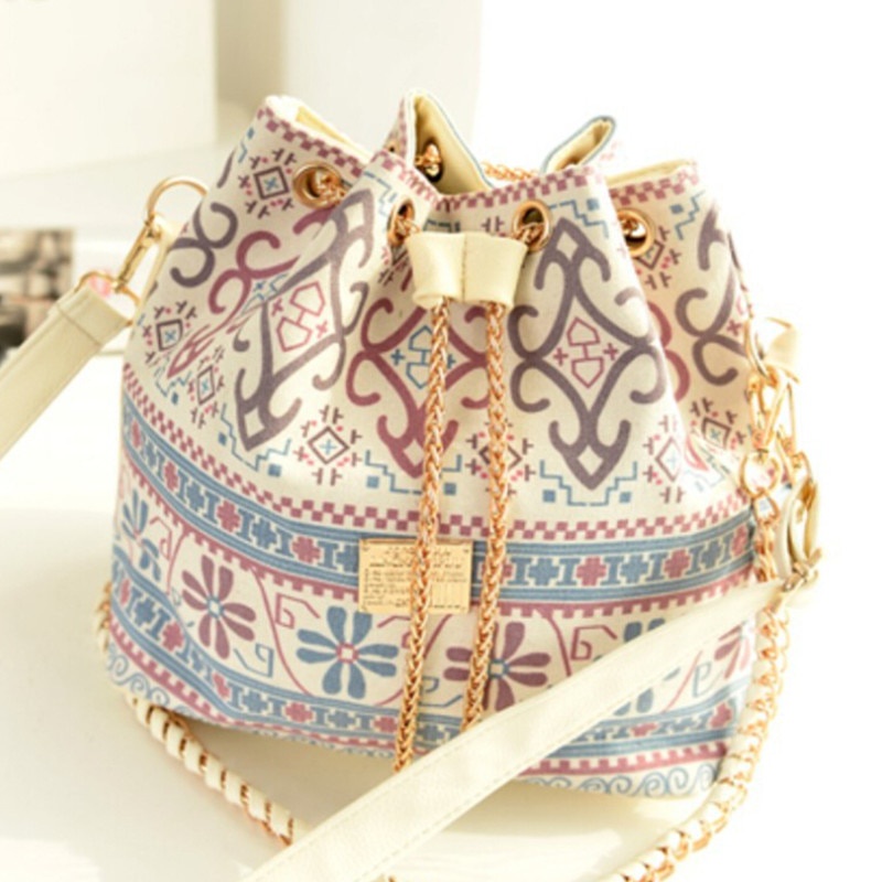 Tas Selempang Wanita Motif Batik Bohemia Feminin Unik Cantik sedang Viral di Asia JIUERYI Tas Selempang Wanita Drawstring - XK074 Bag for Women 2021 Bohemia Style Canvas Drawstring Bucket Bag Pearl Shoulder Handbags Women Messenger Bags Bolsa Feminina