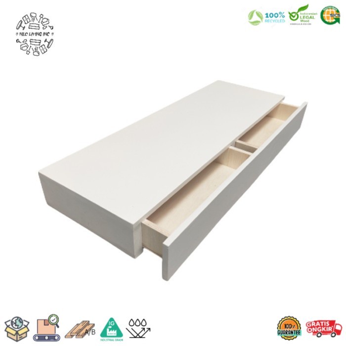 Pinaplepan Rak Kayu Ambalan Dinding Kamar Double Pintu Laci 60X20Cm - Putih