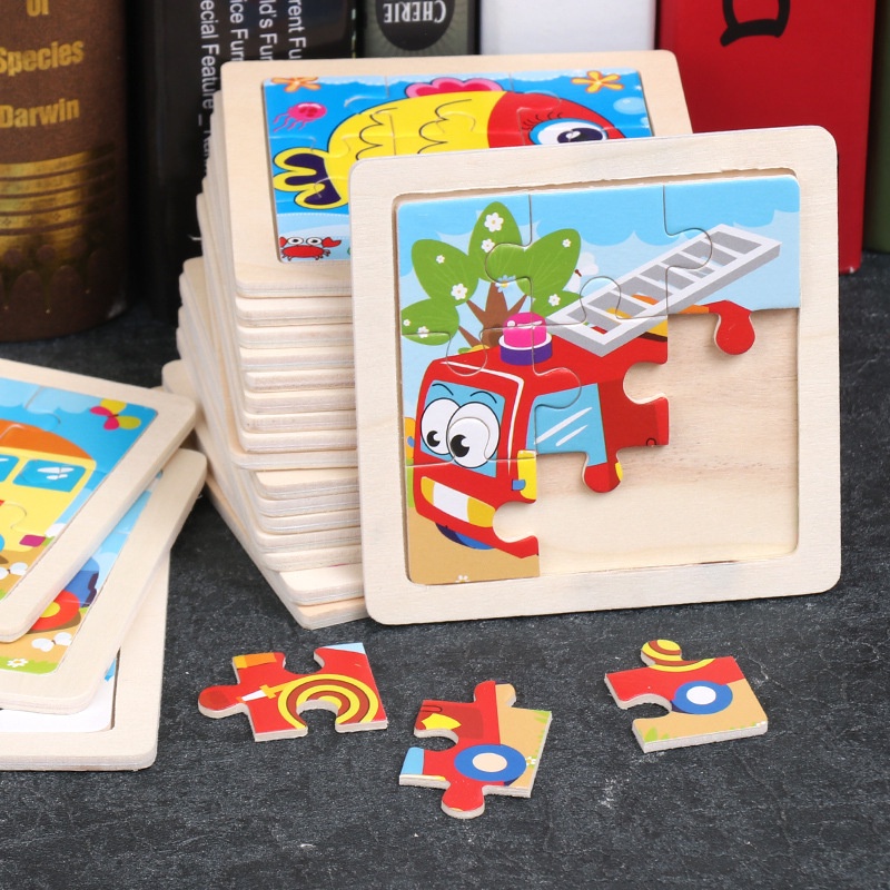 HZ Puzzle Jigsaw 9Pcs Puzzle Jigsaw Kayu Anak Karakter Hewan dan Kendaraan Lucu Puzzle Wooden