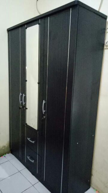 Lemari Pakaian 3 Pintu Tarik Hitam Dengan Cermin Dan Laci - Lunar Lpt 316 P