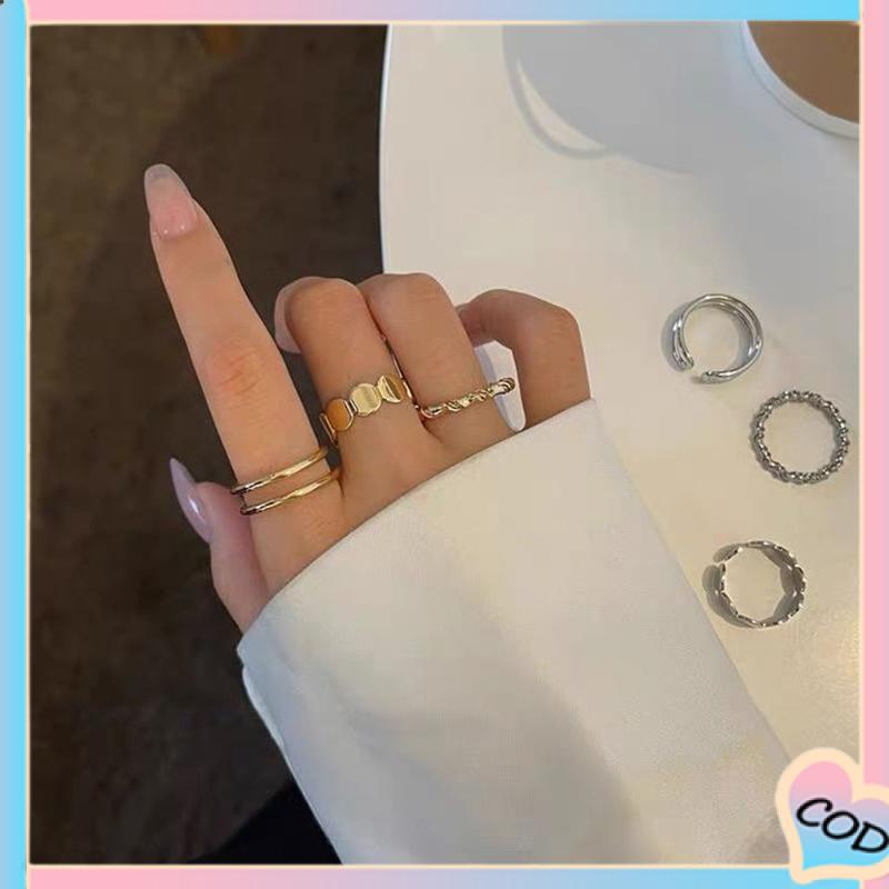 COD❤️3 Set Cincin Jari Gaya Korea Fashion Vintage Geometris cincin Untuk Wanita-A.one