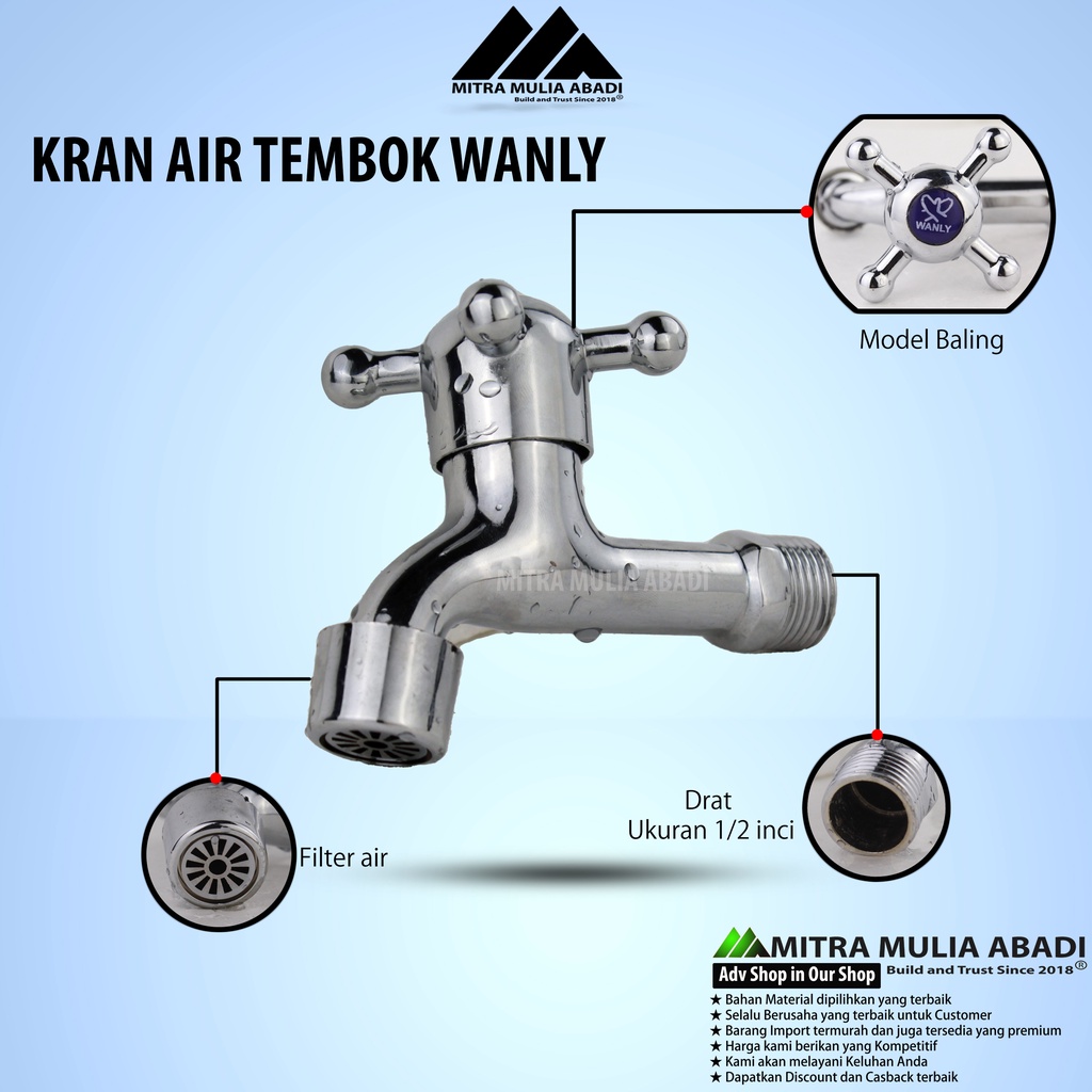 Kran Air Putar Wanly Model Baling Stainless Drat 1/2 inci | Kran Tembok