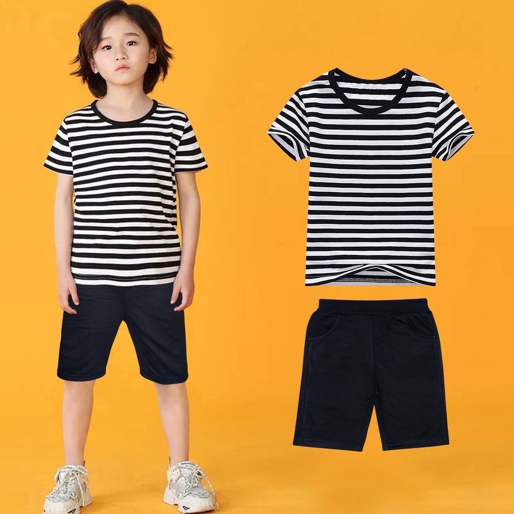 Setelan Celana Pendek Atau Kaos Atasan Salur Spandex Lengan Pendek Anak Usia 1 Tahun Sampai 12 Tahun