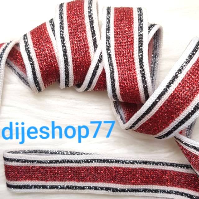 Pita Rib silver metalic merah glitter red lebar 2cm - ROLL / pita kain korea tebal 2 cm / pita hias