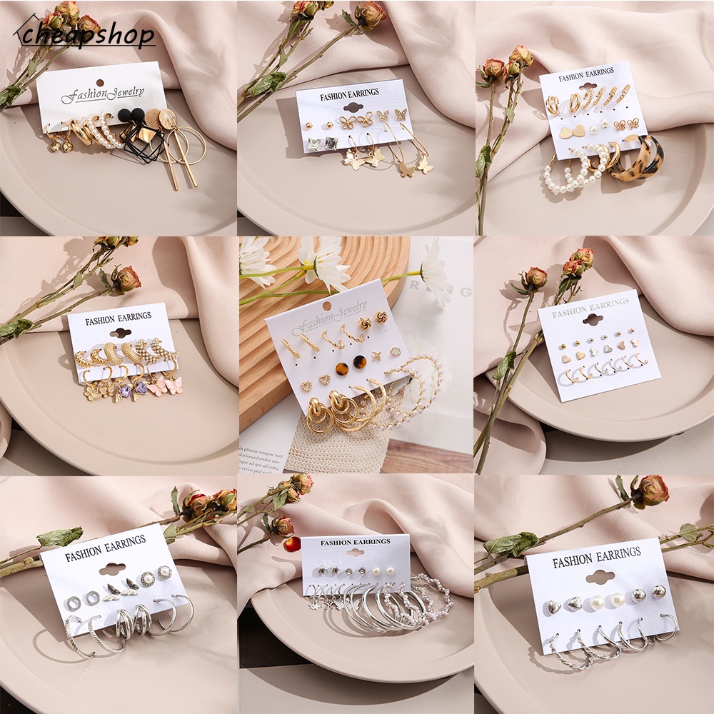 IFYOU Set Anting Stud Desain Kupu-Kupu Aksen Mutiara Warna Emas Silver Gaya Bohemian Untuk Wanita