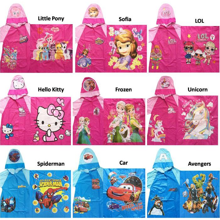 Boy Girl JAS HUJAN Impor Anak Cowok cewek Import Rain Coat motif frozen pony car spiderman unicorn KIDO