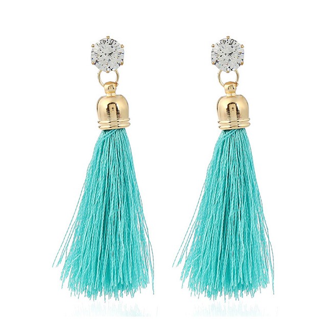 LRC Anting Tusuk Thin Trendy Diamond&amp;tassel Decorated Pure Color Simple Earrings