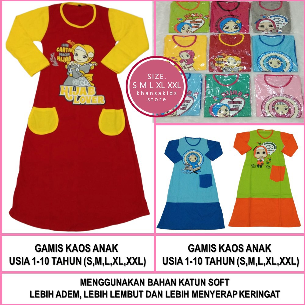 Gamis kaos  anak  muslim perempuan  size S M L XL XXL umur  1  