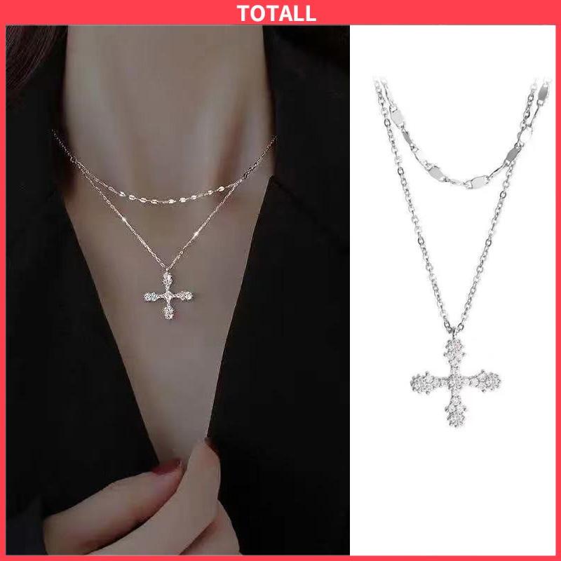 COD Hip Hop Cross Double Layer Necklace Feminin Fashion Micro Inlaid Zircon Pendant-Totall