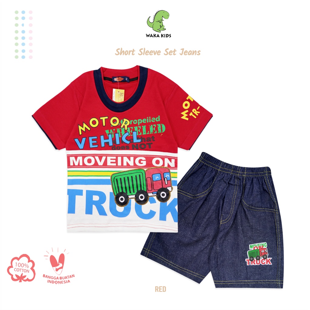 Wakakids Baju Anak Laki Laki Usia 1 - 4 Tahun Setelan Ce;ana Jeans Motif Truck Horton 2127-1