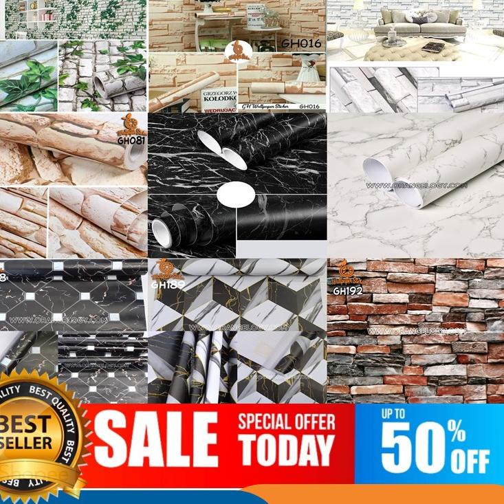 ➳ Wallpaper Dinding Batu Bata Merah Coklat Abu Orange Biru Hijau Motif Dan Karakter Size 45CM x 10M