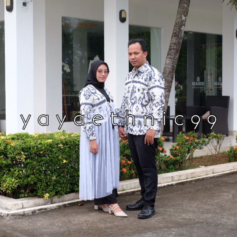 Set couple baju kondangan, couple prewed, outer tenun mix tile, kemeja tenun troso, outer tenun troso