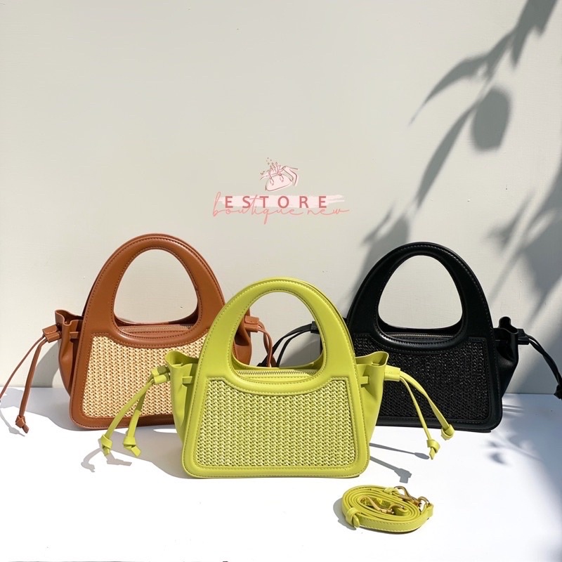 Charles and Keith Tranquil Leather With Raffia Tote Bag Selempang Shoulder bag Sling Bag Bahu Wanita