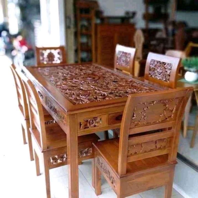 Meja makan Kartini ukir Karawang / meja makan jati ukir Jepara / furniture Jepara