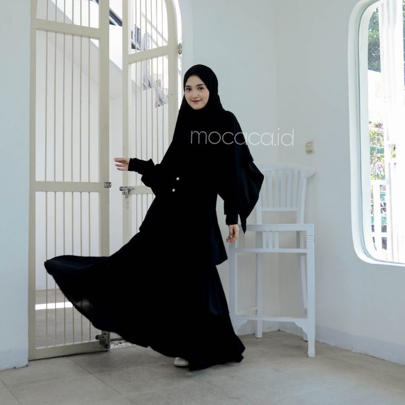 gamis susun hitam jetblack jet black pekat premium tidak nerawang bisa syari  sudah 1 set dengan pashmina jumbo busui friendly kancing lengan lebar limited edition