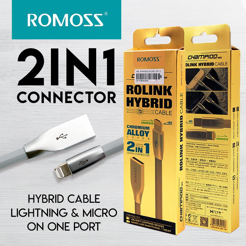 KABEL ROMOSS ROLINK HYBRID 2 IN 1 MICRO  USB &amp; LIGHTNING KABEL DATA MICRO DAN IPHONE LIGHTNING