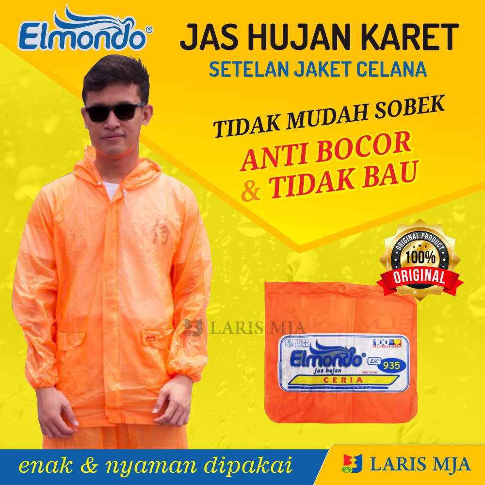 Jas Hujan Pria Bahan Karet Setelan Jaket Celana Laki-laki Dewasa Mantel Ujan Elmondo Ceria Orange