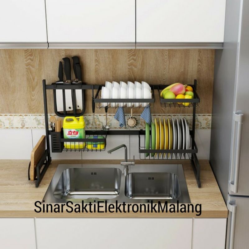 Rak Dapur Cuci Piring Wastafel 2 Susun Serbaguna Hitam 85cm Besi Anti Karat Kokoh