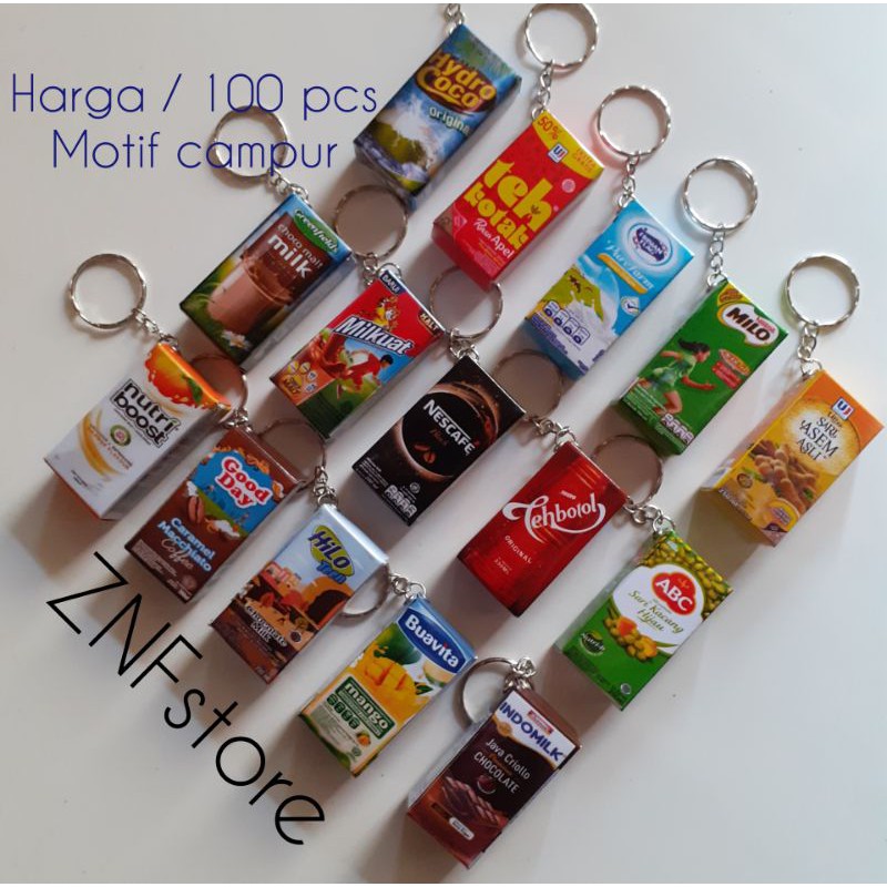 100 pcs gantungan kunci miniatur minuman kotak
