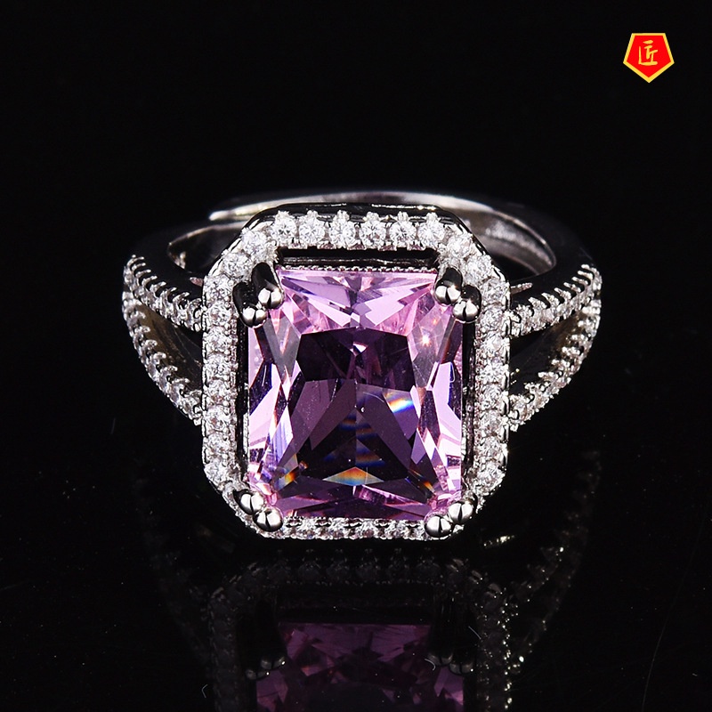 [Ready Stock]High-End Luxury Elegant Rectangular Pink Tourmaline Open Ring