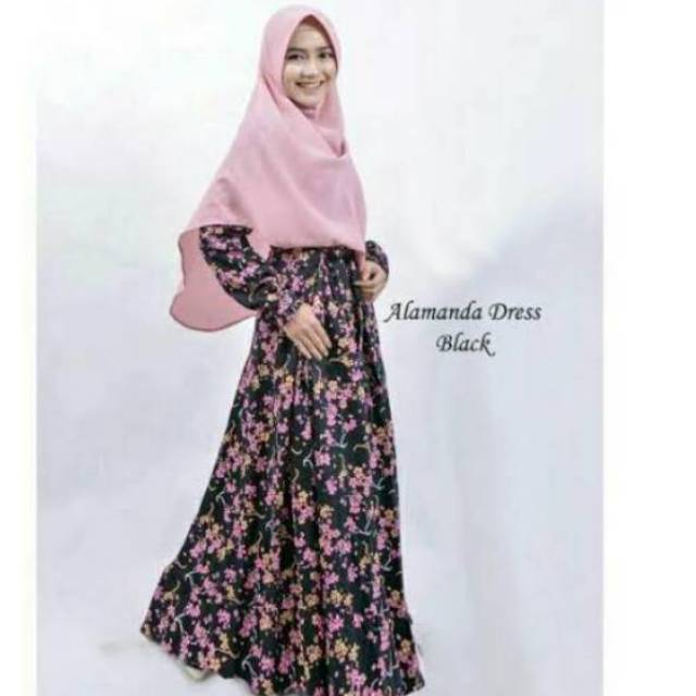 terbatas Promo Gamis Katun Jepang motif bunga Alamanda | Dress Black Original Murah Terbaru