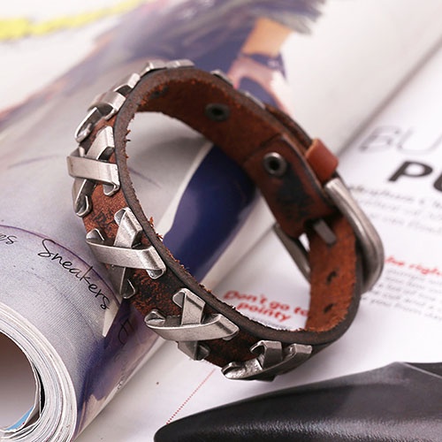 Hu Hu Hu Hu Hu Alat Bantu Pasang Kacamata♡ Gelang Bahan Kulit Alloy Gaya Punk Untuk Pria Dan Wanita