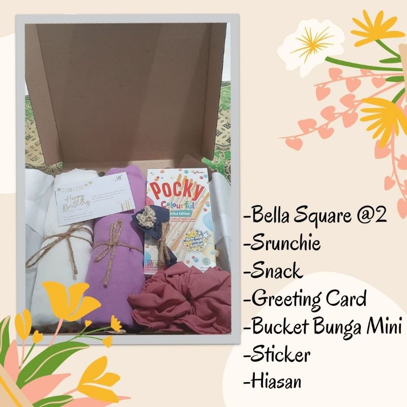 

HAMPERS - GIFT BOX - HADIAH - KADO - HIJAB - JILBAB - BELLA SQUARE - SNACK