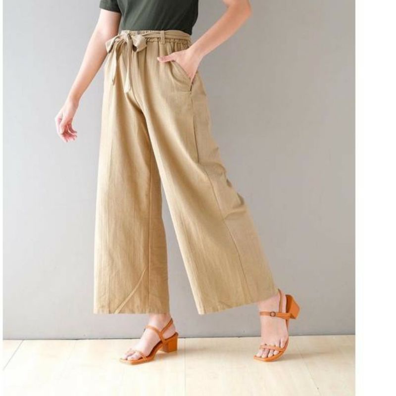 Celana Wanita Korea / Celana Kulot Linen Rami Highwaist Pinggang Karet