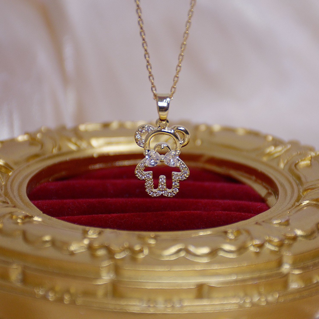 Kalung Wanita Liontin Beruang Berlian Penuh Mewah Rantai Tulang Selangka Emas Fashion Korea Hadiah Perhiasan Pesta