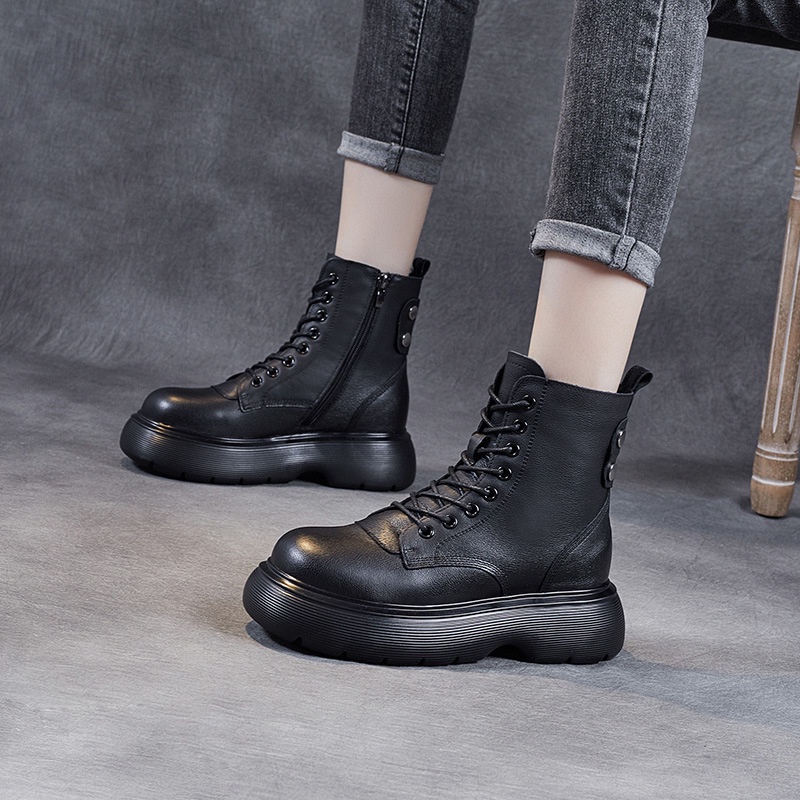 Sepatu Boot Martin Kulit Bot Pendek Wanita Datar Renda Zip Dr. Martens Tebal Bawah lift Liar Kurus