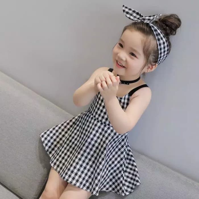 TBI Fashion Import Gaun Princess Anak Kotak-kotak Model Princess Baju Cute - 5-6 tahun, Hitam Putih